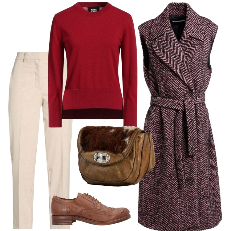 Outfit donna - A lavoro. per Ufficio. Abbinamento con cappotti, scarpe stringate, pullovers, marsupi, pantaloni.