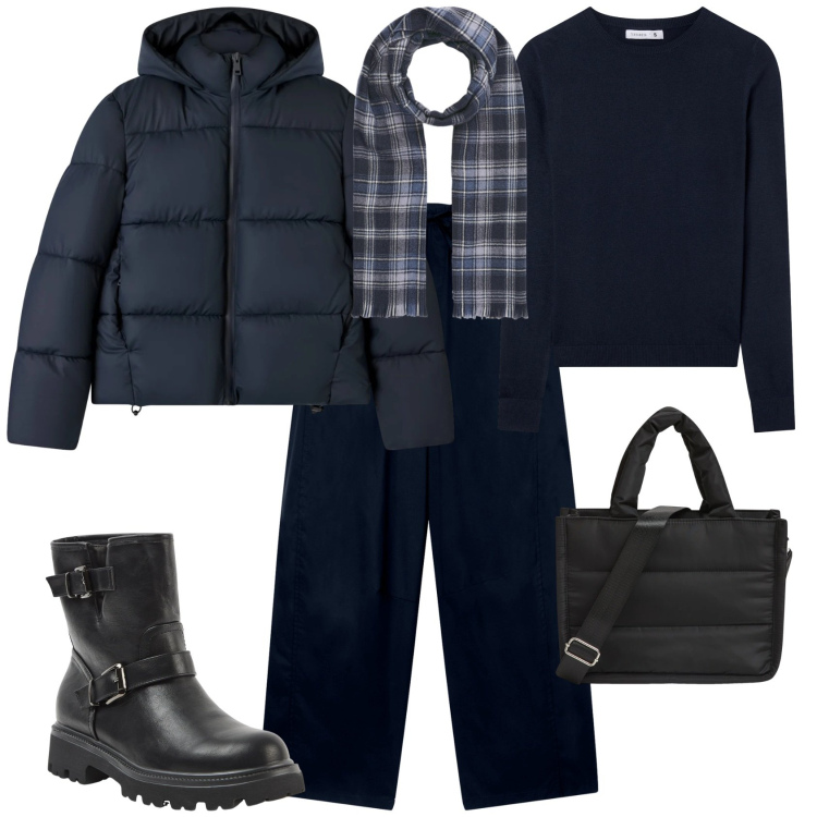 Outfit donna - Sporty ogni giorno. Stile Sporty chic per Tutti i giorni. Abbinamento con bomber, pantaloni, sciarpe, maglieria, shopping bag, stivaletti.