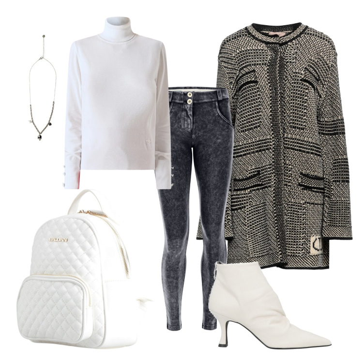 Outfit donna - Total look #2318635. Stile Casual chic per Ufficio. Abbinamento con cappotti, zaini, stivaletti, pantaloni skinny, ciondoli, maglieria.