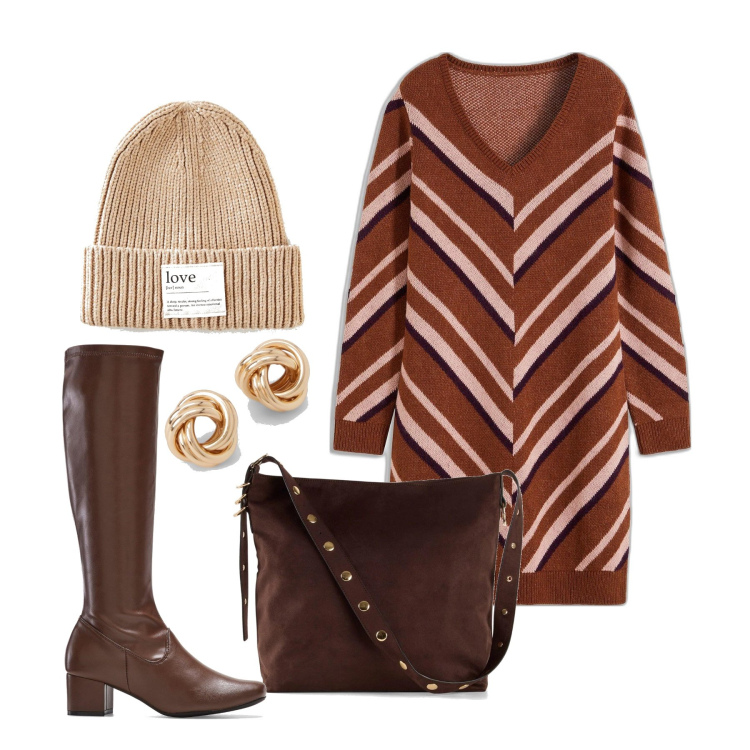 Outfit femme - Janvier. Style Tendance pour Tous les jours. Assortir avec bottes, bonnets, sac cabas, robes, boucles d'oreilles.