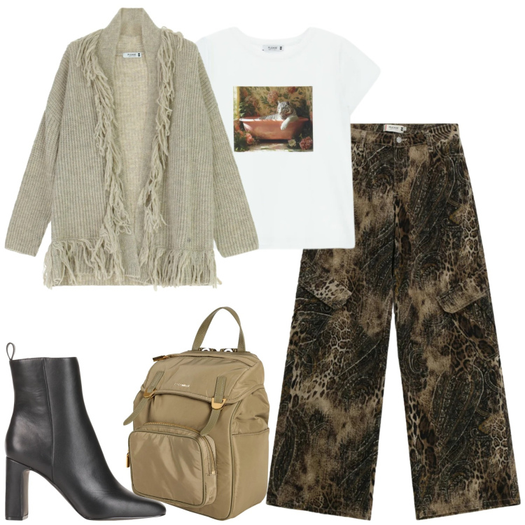 Outfit donna - Please. Stile Casual chic per Tutti i giorni. Abbinamento con stivaletti, zaini, t-shirt, cardigans, pantaloni cargo.