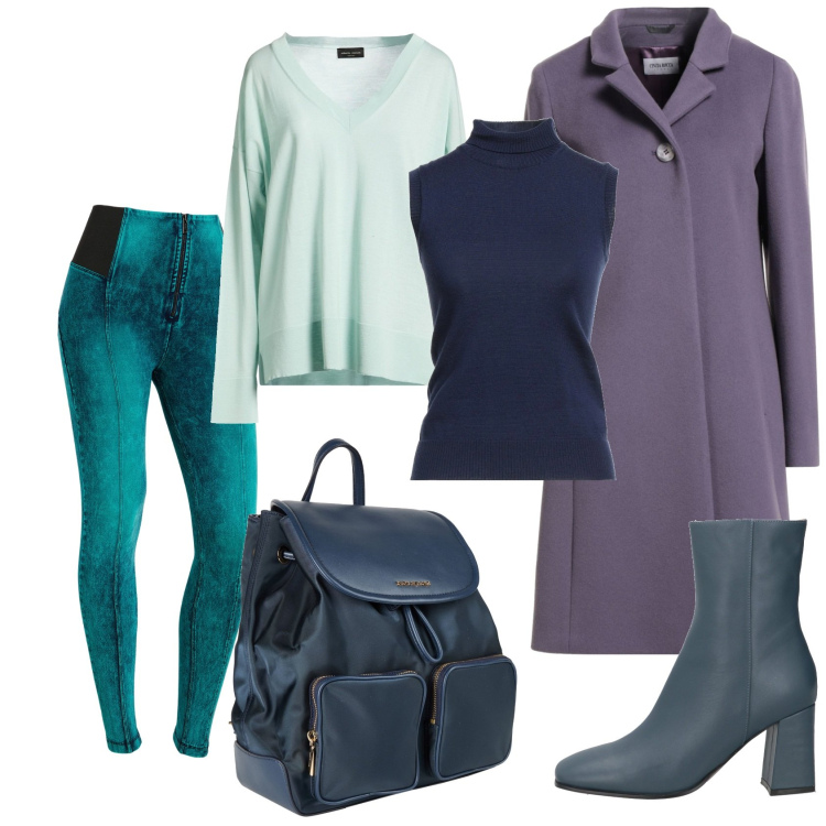 Outfit donna - Total look #2318640. Stile Casual chic per Ufficio. Abbinamento con zaini, maglieria, pullovers, cappotti, stivaletti, jeggings.