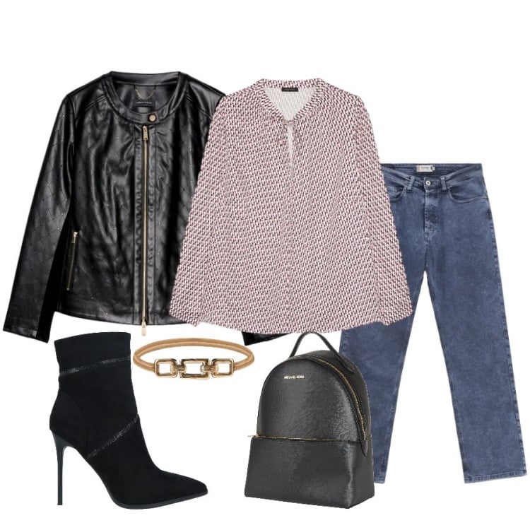 Outfit donna - Geometrie Metropolitane. Stile Glamour per Tutti i giorni. Abbinamento con stivaletti, zaini, jeans dritti, cinture, giacche, bluse.