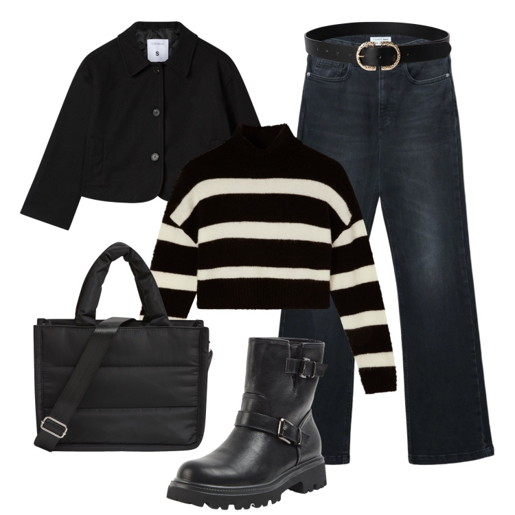 Outfit donna - Total look in black. Stile Urban per Tutti i giorni. Abbinamento con jeans bootcut, maglieria, shopping bag, stivaletti, cinture, blazer.