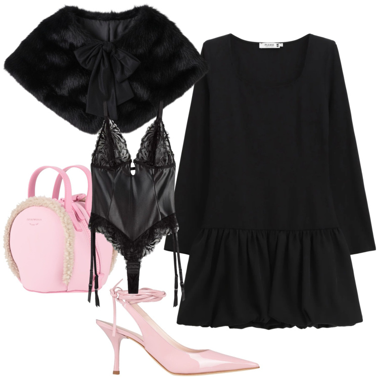 Outfit donna - Pink with black. Stile Chic per Serata fuori. Abbinamento con body, zaini, décolleté, vestiti corti, stole.