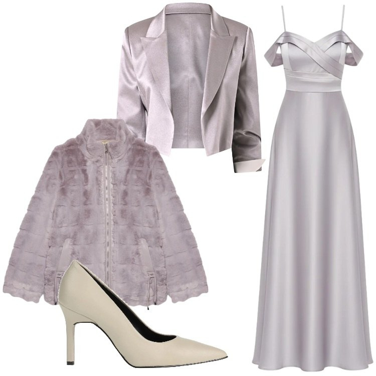Outfit donna - Serata di gala. Stile Chic per Serata fuori. Abbinamento con décolleté, bolero, vestiti lunghi, ecopellicce.