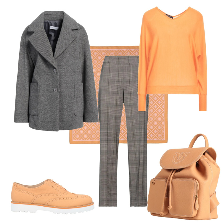 Outfit donna - Total look #2318664. Stile Casual chic per Ufficio. Abbinamento con pantaloni, sciarpe, pullovers, scarpe stringate, cappotti, zaini.