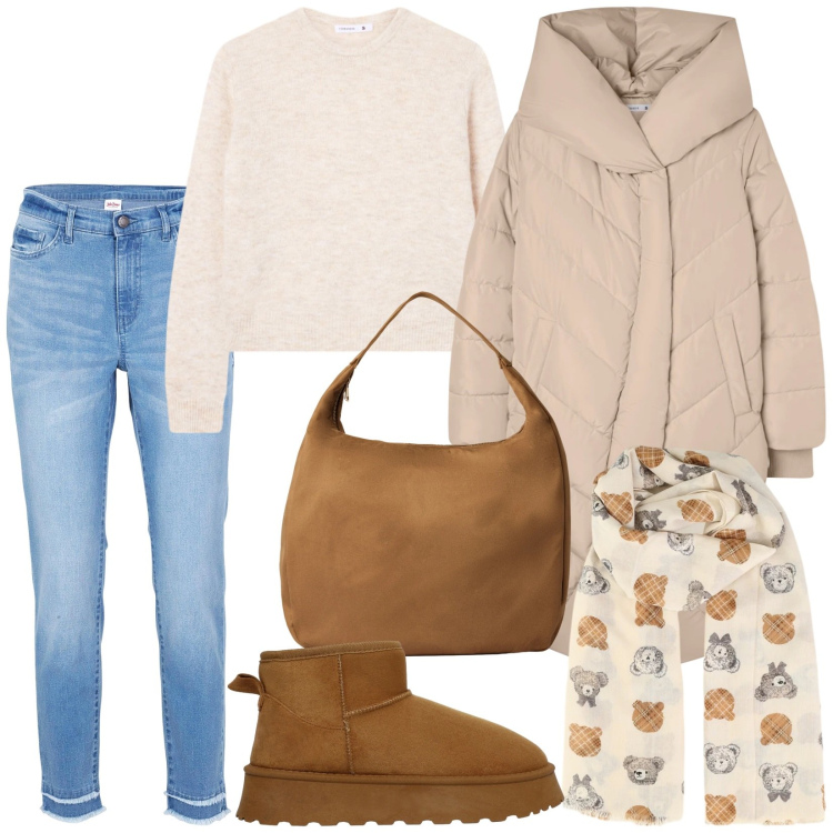 Outfit donna - Total look #2318666. Stile Basic per Tutti i giorni. Abbinamento con jeans, maglieria, borse a mano, cappotti, stivali, foulard.