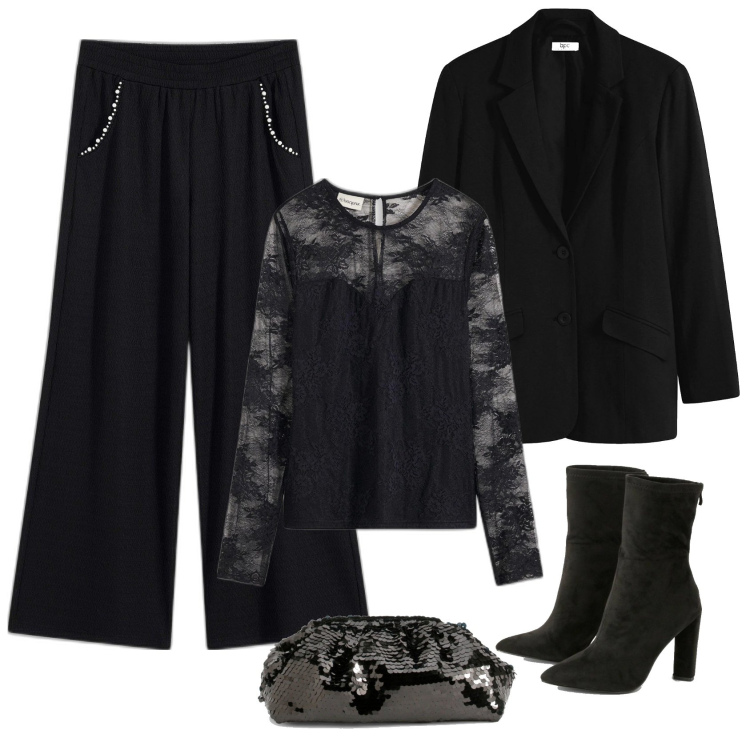 Outfit femme - All Black. Style Casual chic pour Soirée dehors. Assortir avec blazers, t-shirts, pantalon , pochette, bottines.