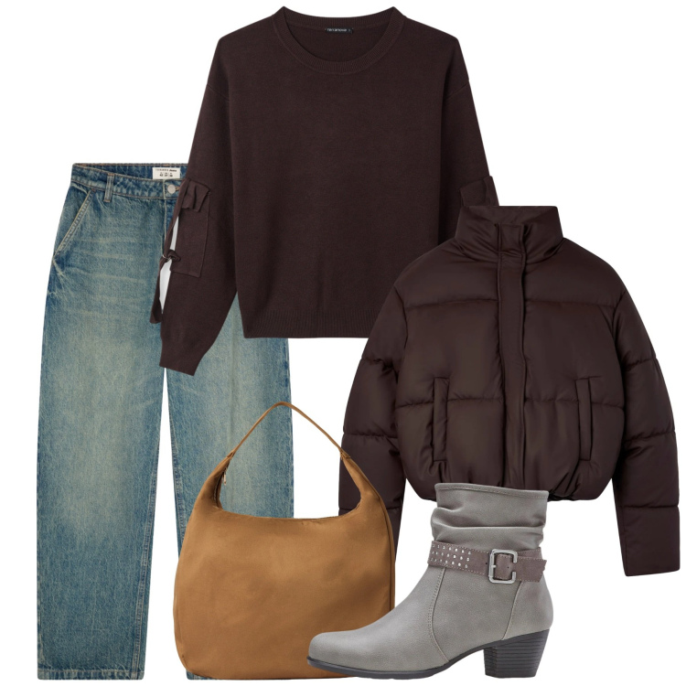 Outfit donna - Gennaio. Stile Casual per Tutti i giorni. Abbinamento con stivaletti, maglieria, jeans, borse a mano, bomber.
