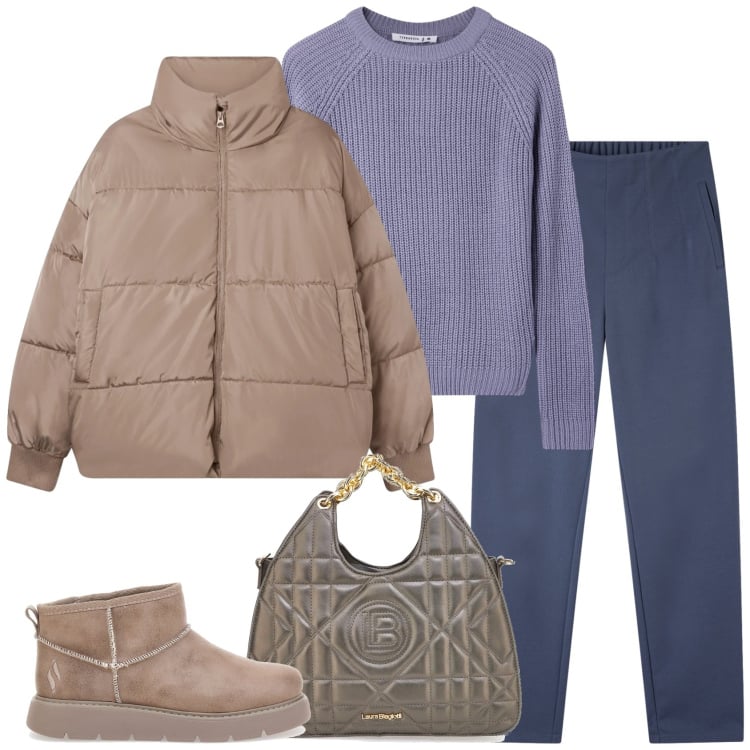 Outfit donna - Colori polverosi. Stile Casual per Scuola/Università. Abbinamento con pantaloni chino, maglieria, bomber, stivaletti, borse a mano.