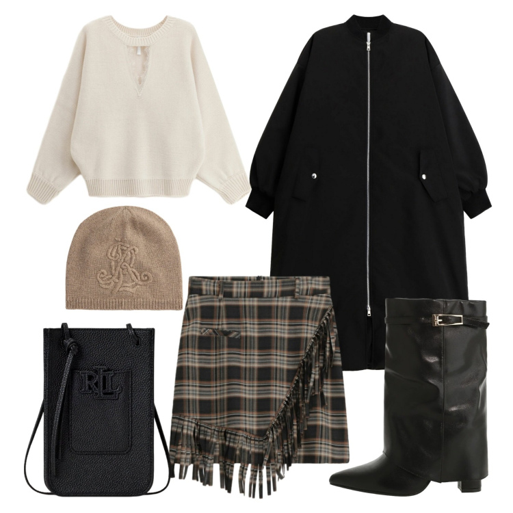 Outfit donna - Saldi invernali. Stile Trendy per Serata fuori. Abbinamento con minigonne, stivali, maglieria, cappotti, borse a tracolla, berretti.