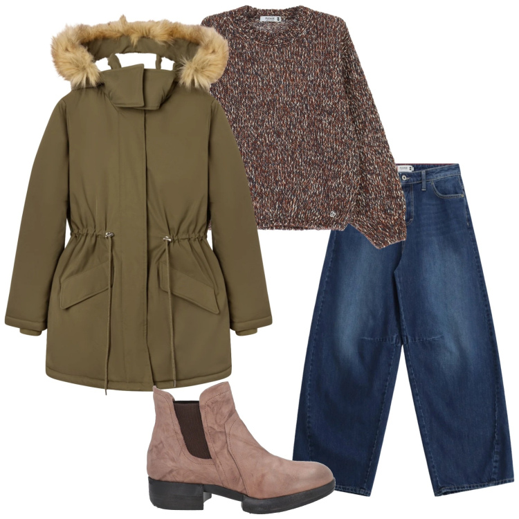 Outfit donna - Gennaio. Stile Casual per Scuola/Università. Abbinamento con stivaletti chelsea, parka, maglieria, jeans.