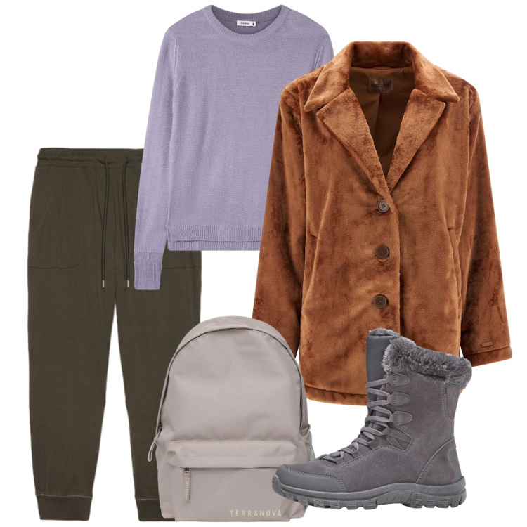 Outfit donna - Gennaio. Stile Basic per Tutti i giorni. Abbinamento con stivaletti, zaini, maglieria, cappotti, pantaloni.