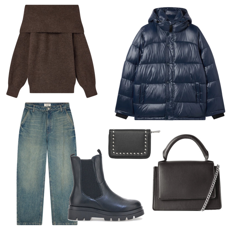 Outfit donna - Total look #2318697. Abbinamento con jeans, maglieria, borse a tracolla, portafogli, bomber, stivaletti chelsea.