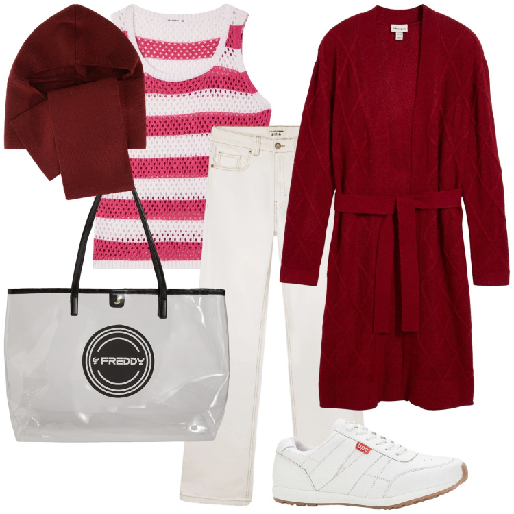 Outfit donna - Un caldo e lungo cardigan. Stile Casual per Tutti i giorni. Abbinamento con sneakers, cardigans, top, jeans bootcut, sciarpe, shopping bag.