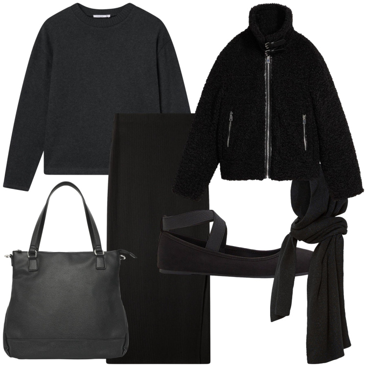Outfit donna - Black power. Stile Basic per Tutti i giorni. Abbinamento con sciarpe, ecopellicce, ballerine, gonne lunghe, maglieria, shopping bag.