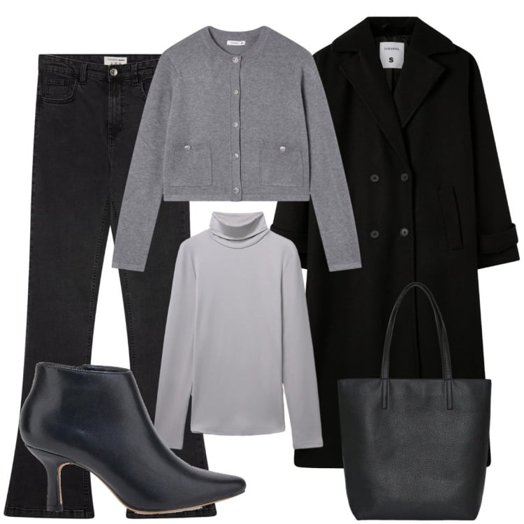 Outfit donna - Terranova saldi. Stile Casual chic per Ufficio. Abbinamento con cardigans, jeans a zampa, borse tote, t-shirt, cappotti, stivaletti.