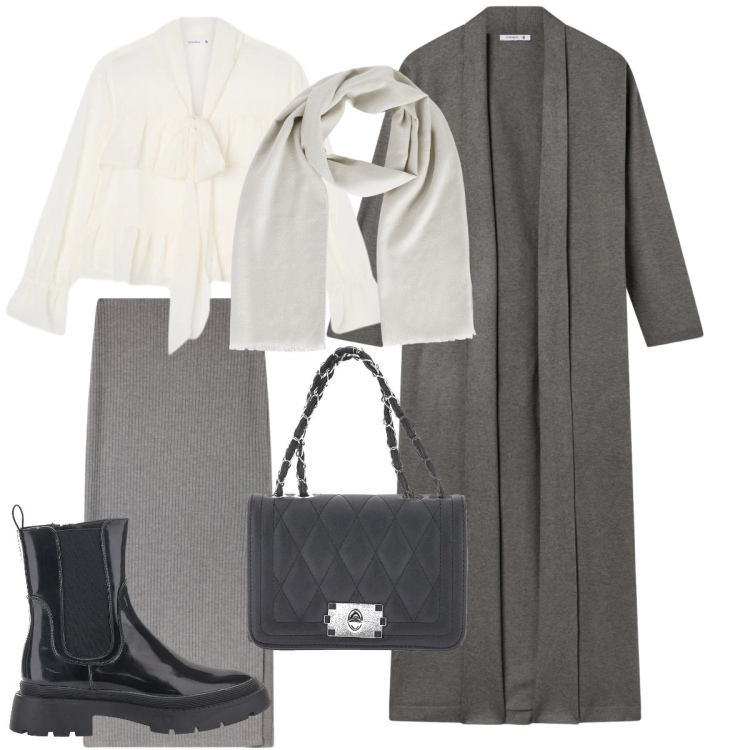 Outfit donna - Terranova saldi. Stile Trendy per Tutti i giorni. Abbinamento con cardigans, camicie, gonne lunghe, foulard, anfibi, borse a tracolla.