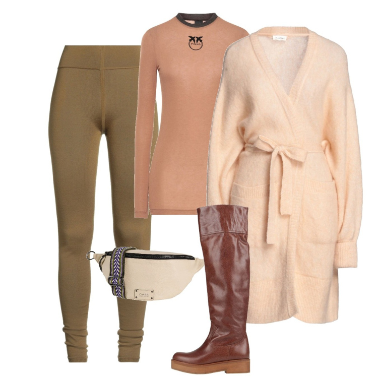 Outfit donna - Gennaio. Stile Bon Ton per Tutti i giorni. Abbinamento con marsupi, cardigans, stivali, t-shirt, leggings.