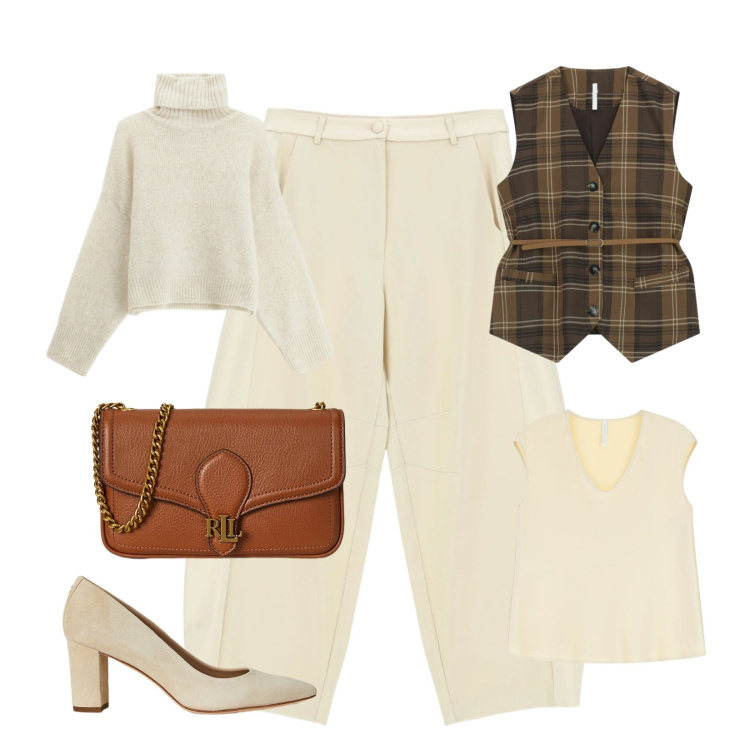 Outfit donna - Shopping in vista dei saldi. Stile Casual chic per Tutti i giorni. Abbinamento con pantaloni, top, gilet, maglieria, décolleté, clutch.