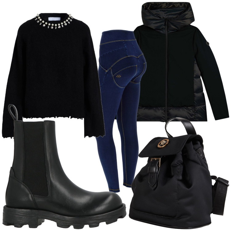 Outfit donna - Total look #2318741. Stile Urban per Tutti i giorni. Abbinamento con pullovers, stivaletti chelsea, zaini, piumini, jeggings.