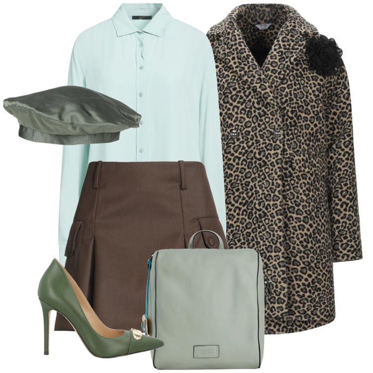 Outfit donna - Acqua e caramello animalier. Stile Chic per Ufficio. Abbinamento con camicie, cappotti, cappelli e berretti, minigonne, zaini, décolleté.