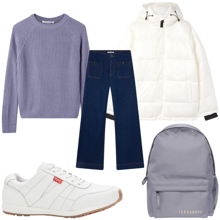 Outfit donna - Total look #2318745. Stile Casual per Scuola/Università. Abbinamento con sneakers, jeans, maglieria, zaini, bomber.