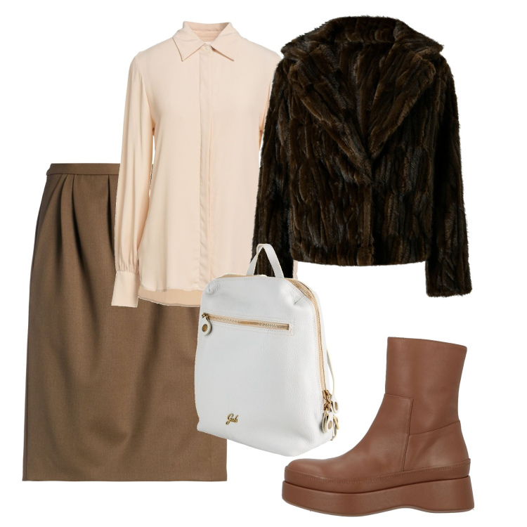 Outfit donna - Gennaio. Stile Bon Ton per Tutti i giorni. Abbinamento con zaini, camicie, minigonne, stivaletti, blazer.