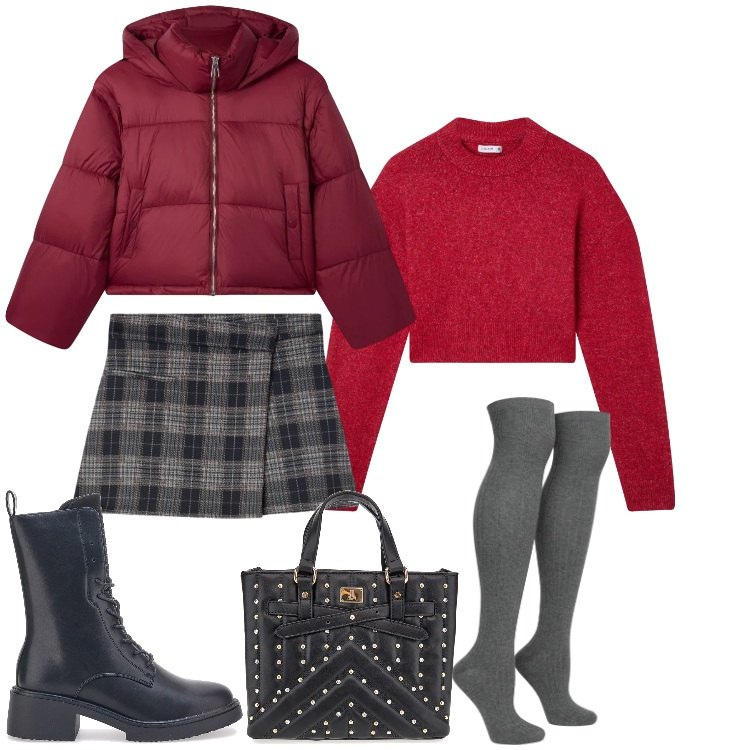 Outfit donna - Giornata di shopping. Stile Trendy per Tutti i giorni. Abbinamento con minigonne, maglieria, calzini, bomber, anfibi, borse a mano.