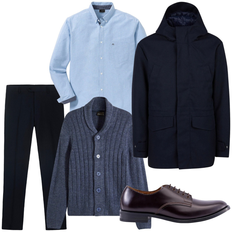 Outfit uomo - Colori profondi. Stile Trendy per Ufficio. Abbinamento con camicie, cardigans, scarpe stringate, pantaloni, giacche.