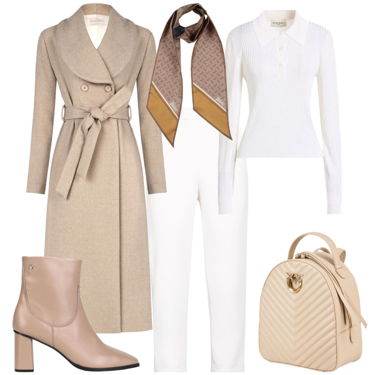 Outfit donna - Trendy nuova stagione bianco beige. Stile Trendy per Tutti i giorni. Abbinamento con pantaloni, sciarpe, zaini, pullovers, stivaletti, cappotti.