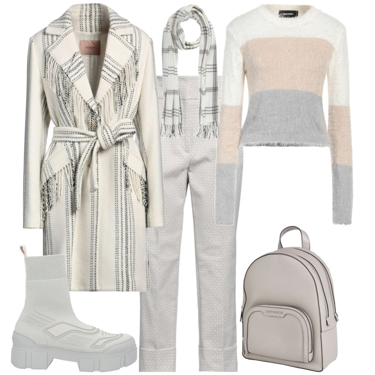 Outfit donna - Trendy nuova stagione bianco grigio. Stile Trendy per Tutti i giorni. Abbinamento con stivaletti, sciarpe, pantaloni, pullovers, zaini, cappotti.