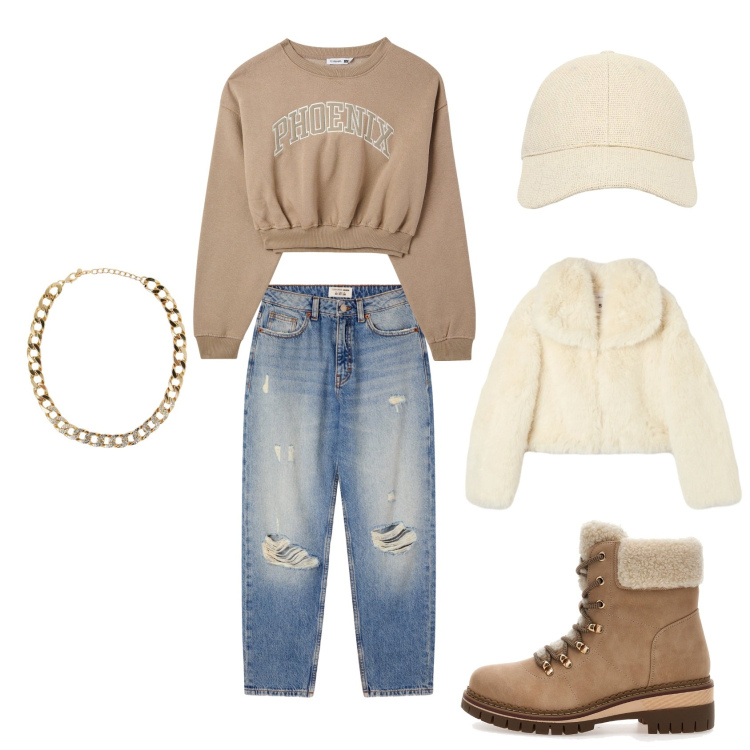 Outfit donna - Cool style. Stile Casual per Tutti i giorni. Abbinamento con felpe, jeans mom, cappelli con visiera, collane, ecopellicce, anfibi.