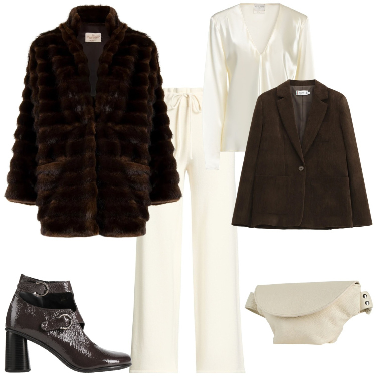 Outfit donna - Trendy bianco cioccolato. Stile Trendy per Tutti i giorni. Abbinamento con marsupi, top, stivaletti, pantaloni, blazer, cappotti.