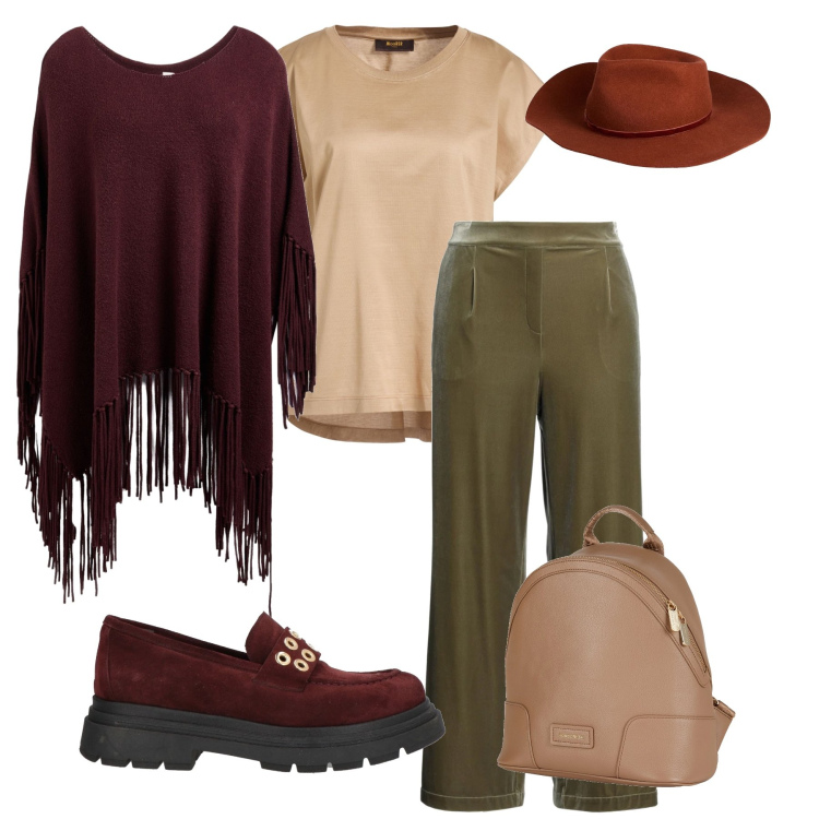 Outfit donna - Incanto d’autunno. Stile Boho per Tutti i giorni. Abbinamento con mocassini, zaini, pantaloni, t-shirt, cappelli, cappotti.