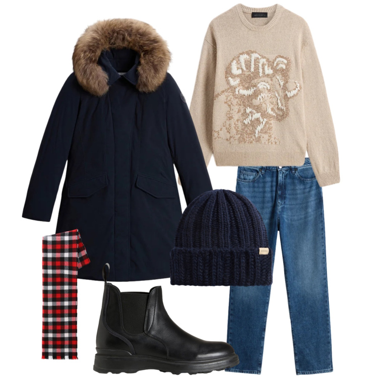 Outfit donna - Woolrich Heritage. Stile Urban per Tutti i giorni. Abbinamento con jeans, parka, stivaletti, berretti, maglieria, sciarpe.