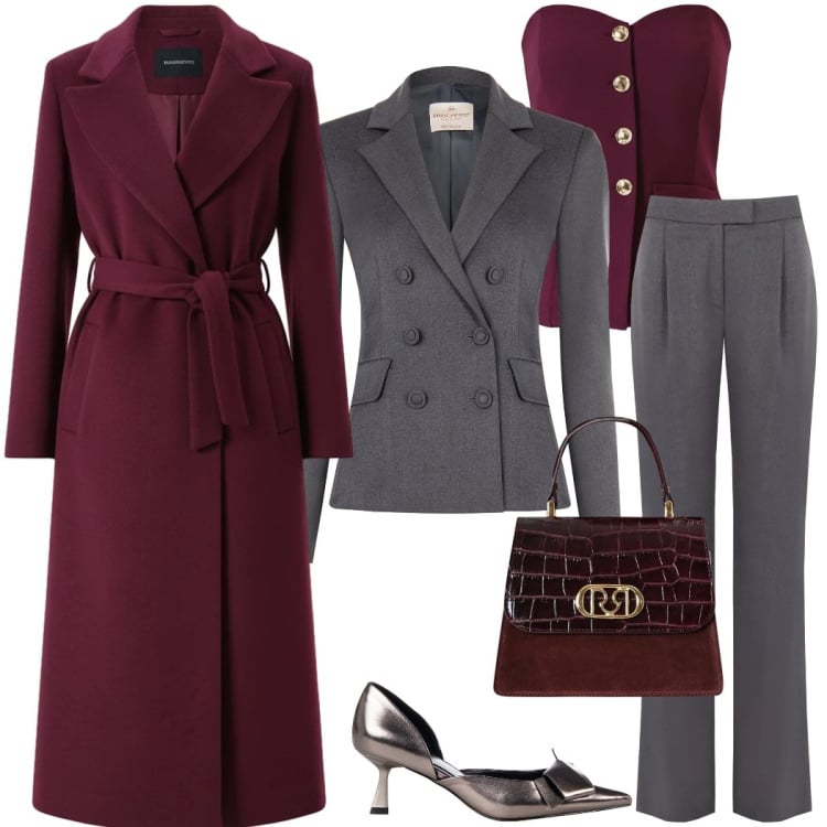 Outfit donna - Capospalla importante. Stile Chic per Cerimonia. Abbinamento con pantaloni, cappotti, blazer, décolleté, top, borse a mano.