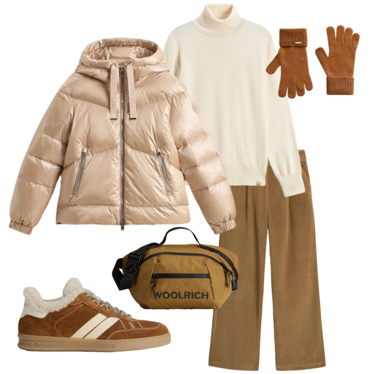 Outfit donna - Golden Hour Winter. Stile Casual chic per Tutti i giorni. Abbinamento con borse a tracolla, piumini, sneakers, pantaloni, guanti, maglieria.