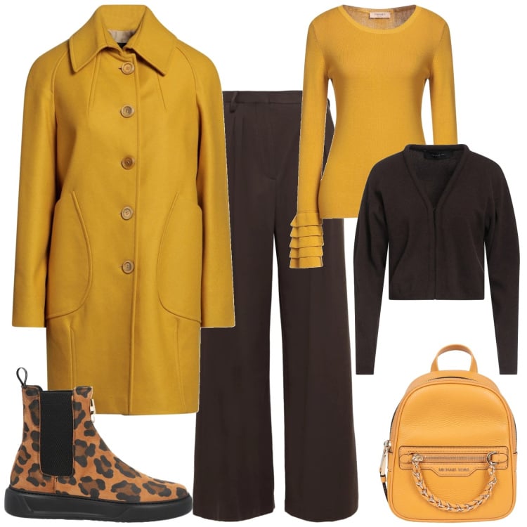 Outfit donna - Trendy giallo cioccolato. Stile Trendy per Tutti i giorni. Abbinamento con pullovers, cappotti, zaini, pantaloni, stivaletti chelsea, cardigans.