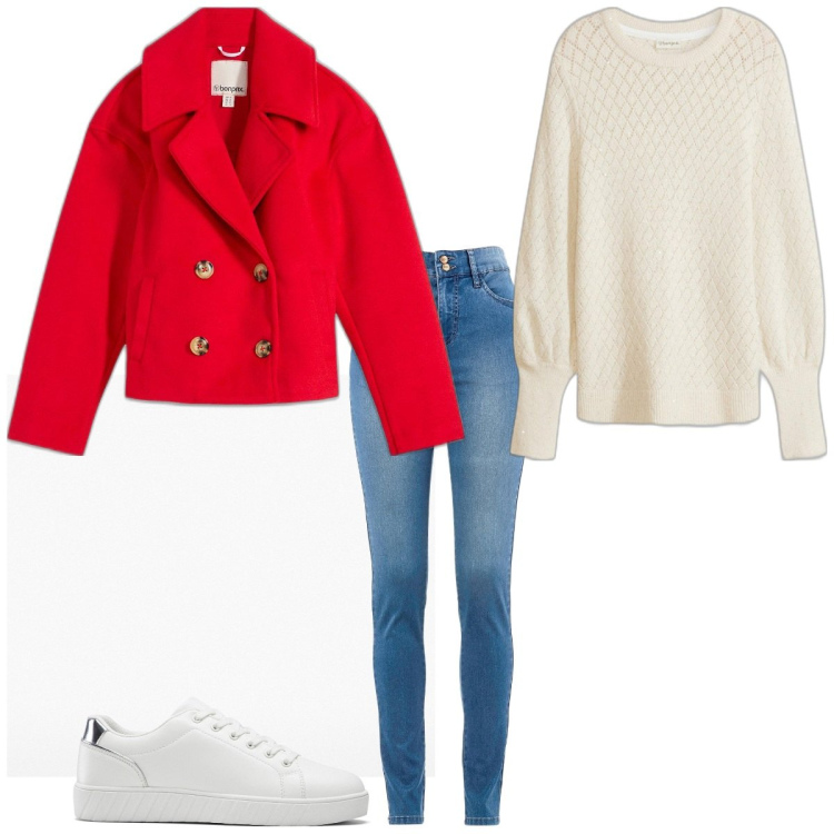 Outfit femme - Rouge et blanc. Style Basique pour Tous les jours. Assortir avec jean slim, sneakers, pulls, imperméable.