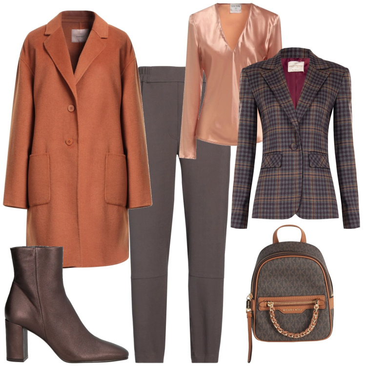 Outfit donna - Trendy in ufficio. Stile Trendy per Ufficio. Abbinamento con zaini, stivaletti, top, pantaloni, cappotti, blazer.