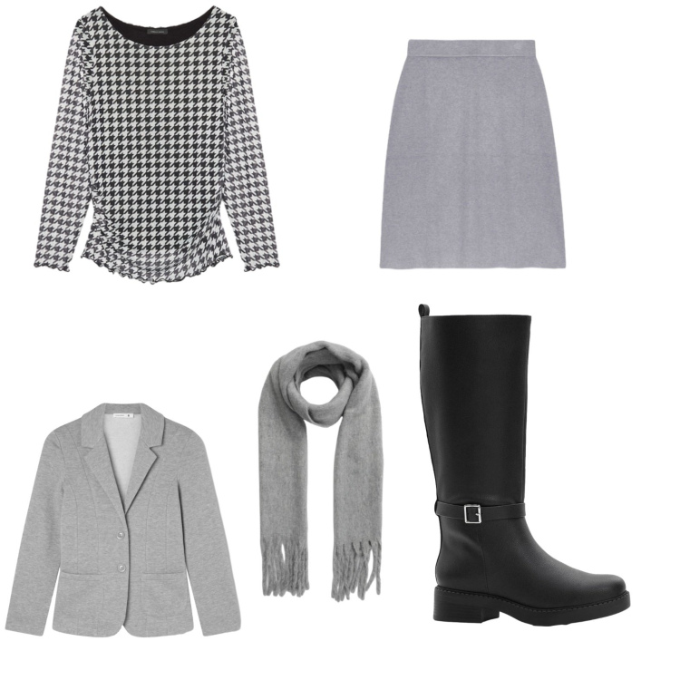 Outfit donna - Grigio. Stile Casual chic per Tutti i giorni. Abbinamento con stivali, sciarpe, blazer, bluse, gonne.
