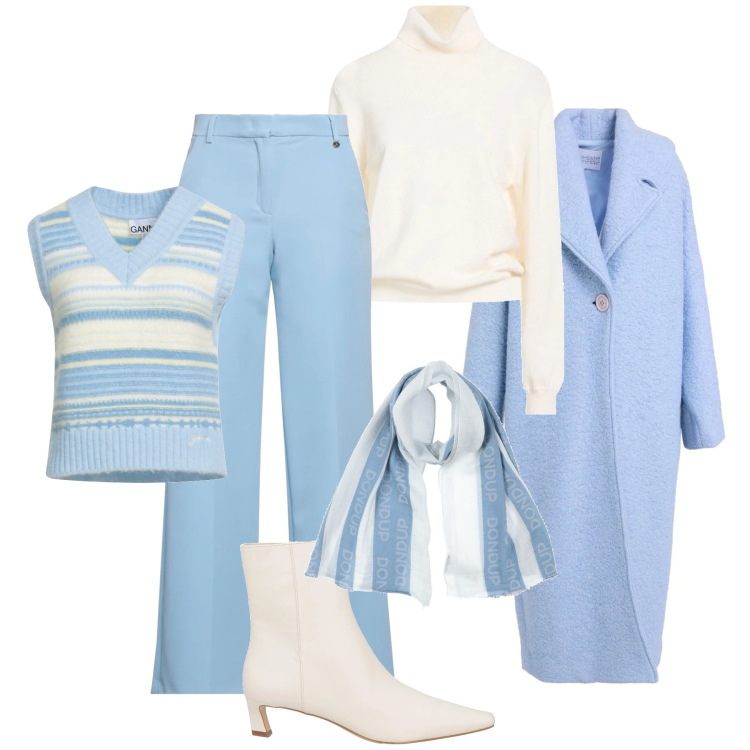 Outfit donna - Inverno azzurro. Stile Casual chic per Tutti i giorni. Abbinamento con maglieria, cappotti, pantaloni, sciarpe, pullovers, stivaletti.