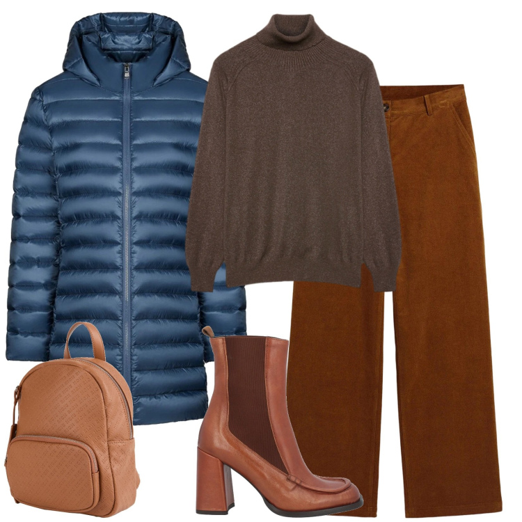 Outfit donna - Inizio d\'anno. Stile Casual per Tutti i giorni. Abbinamento con pantaloni, stivaletti chelsea, zaini, piumini, maglieria.