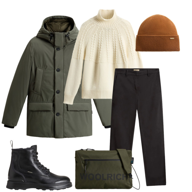 Outfit donna - Forest Soul. Stile Casual chic per Tutti i giorni. Abbinamento con borse a tracolla, parka, pantaloni, maglieria, berretti, anfibi.