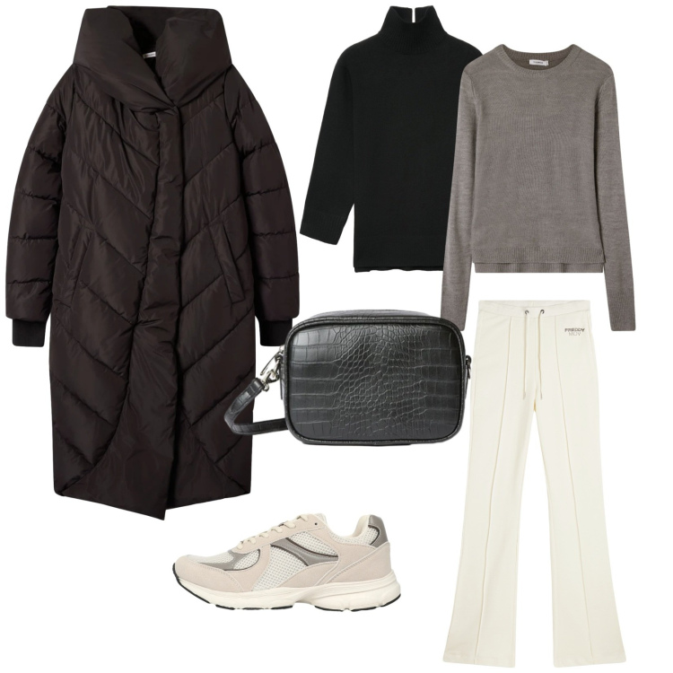 Outfit donna - Urban Winter. Stile Urban per Tutti i giorni. Abbinamento con cappotti, maglieria, maglieria, sneakers, pantaloni, borse a tracolla.
