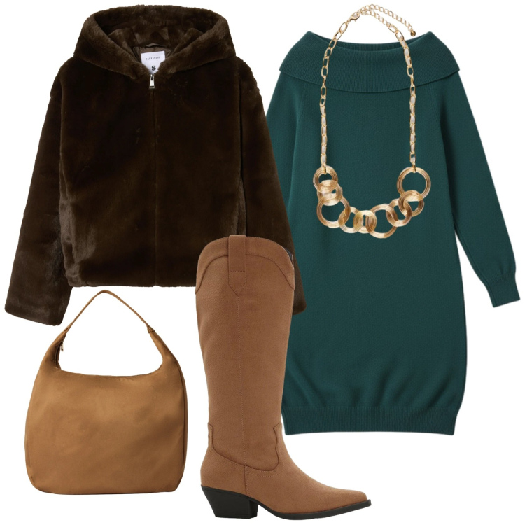 Outfit donna - Solita routine. Stile Casual chic per Tutti i giorni. Abbinamento con stivali, borse a mano, ecopellicce, vestiti corti, collane.