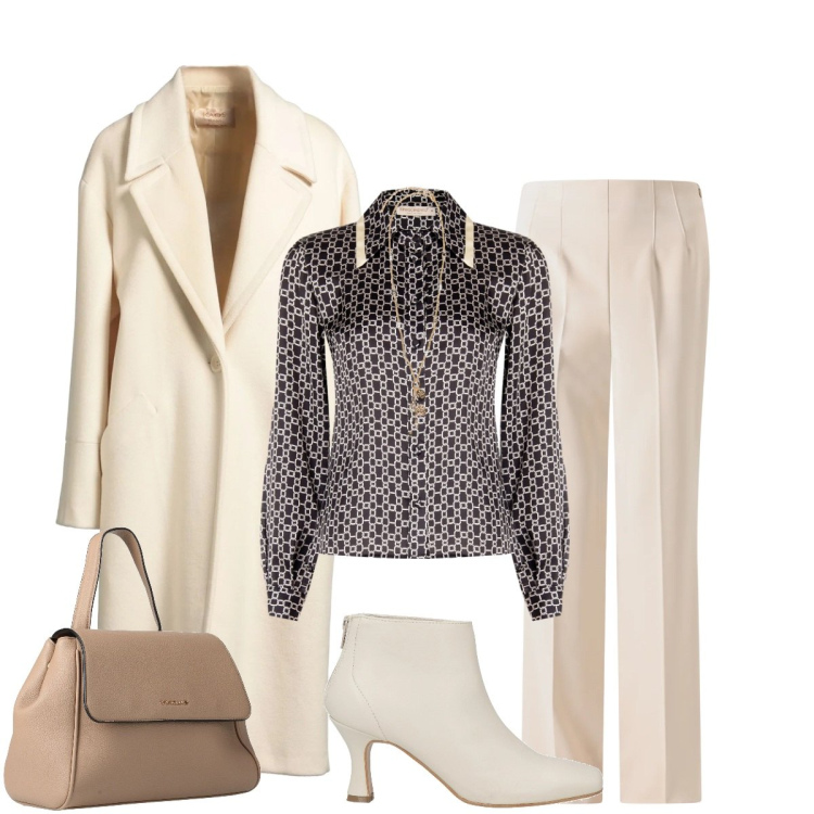 Outfit donna - Rientro con stile. Stile Minimal per Ufficio. Abbinamento con stivaletti, zaini, cappotti, pantaloni a palazzo, camicie, ciondoli.