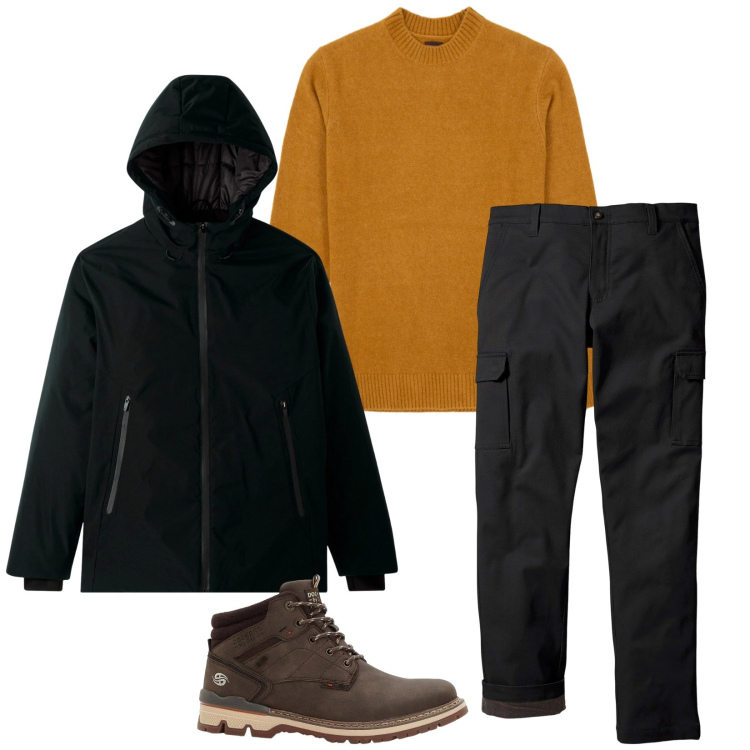 Outfit uomo - Total look #2318804. Stile Urban per Tutti i giorni. Abbinamento con pantaloni cargo, stivali e stivaletti, giacche, maglieria.